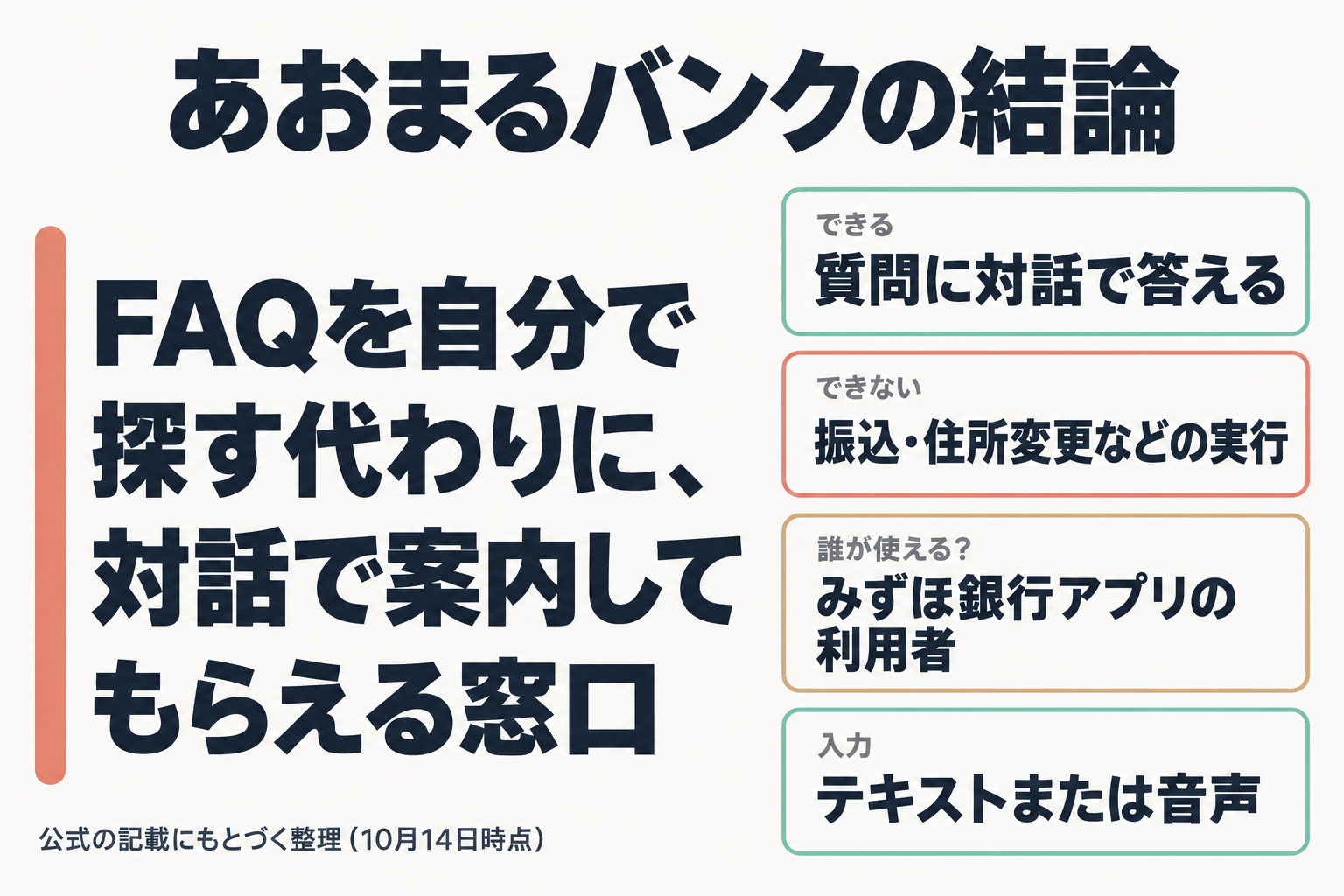 あおまるバンクの結論。対話で案内するが振込などは実行できない