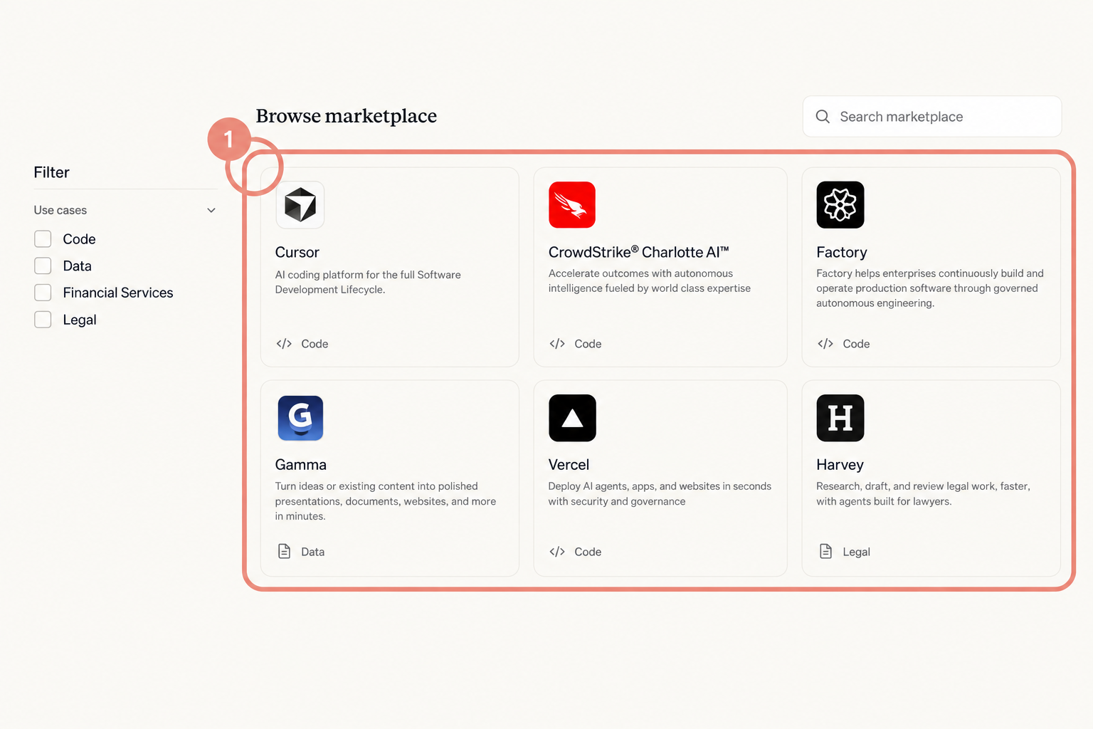 Claude Marketplaceの実際のページ、パートナー企業のカードとカテゴリフィルタ
