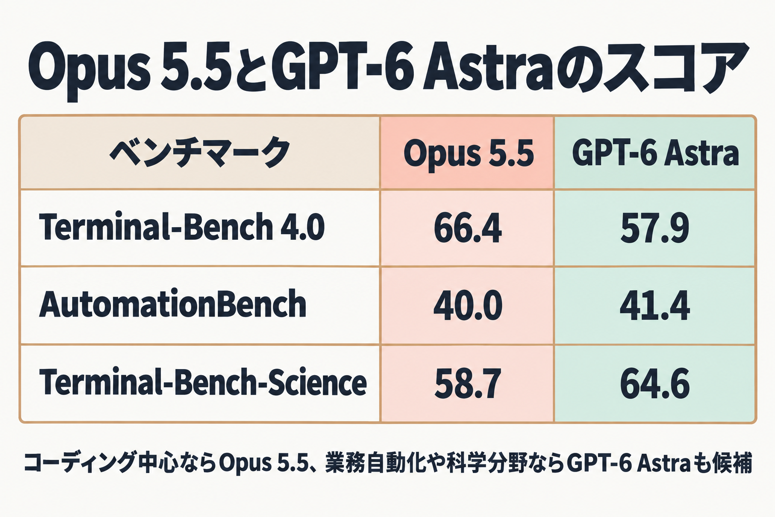 Opus 5.5とGPT-6 Astraのベンチマークスコア比較表