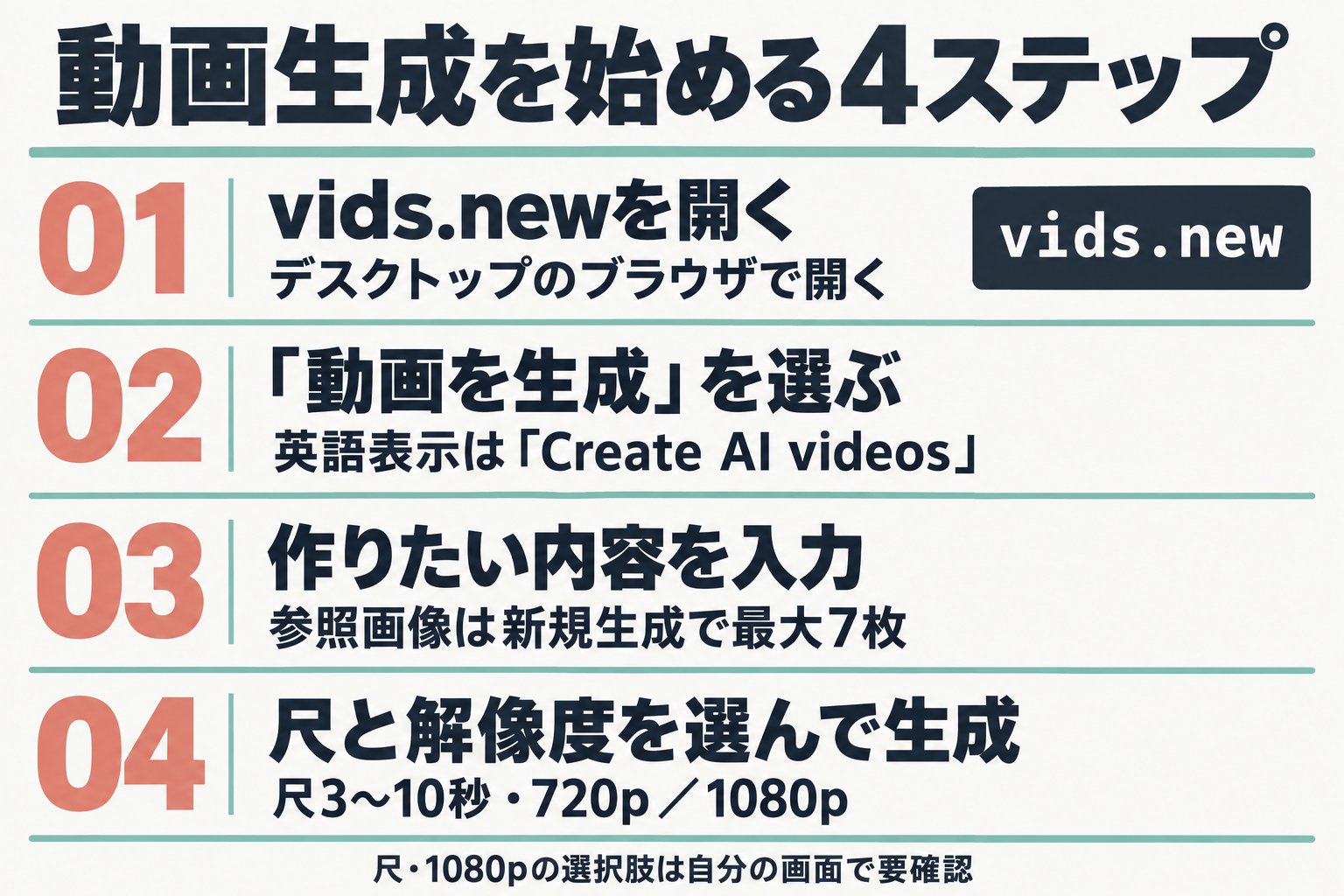 vids.newから動画生成までの4ステップ図