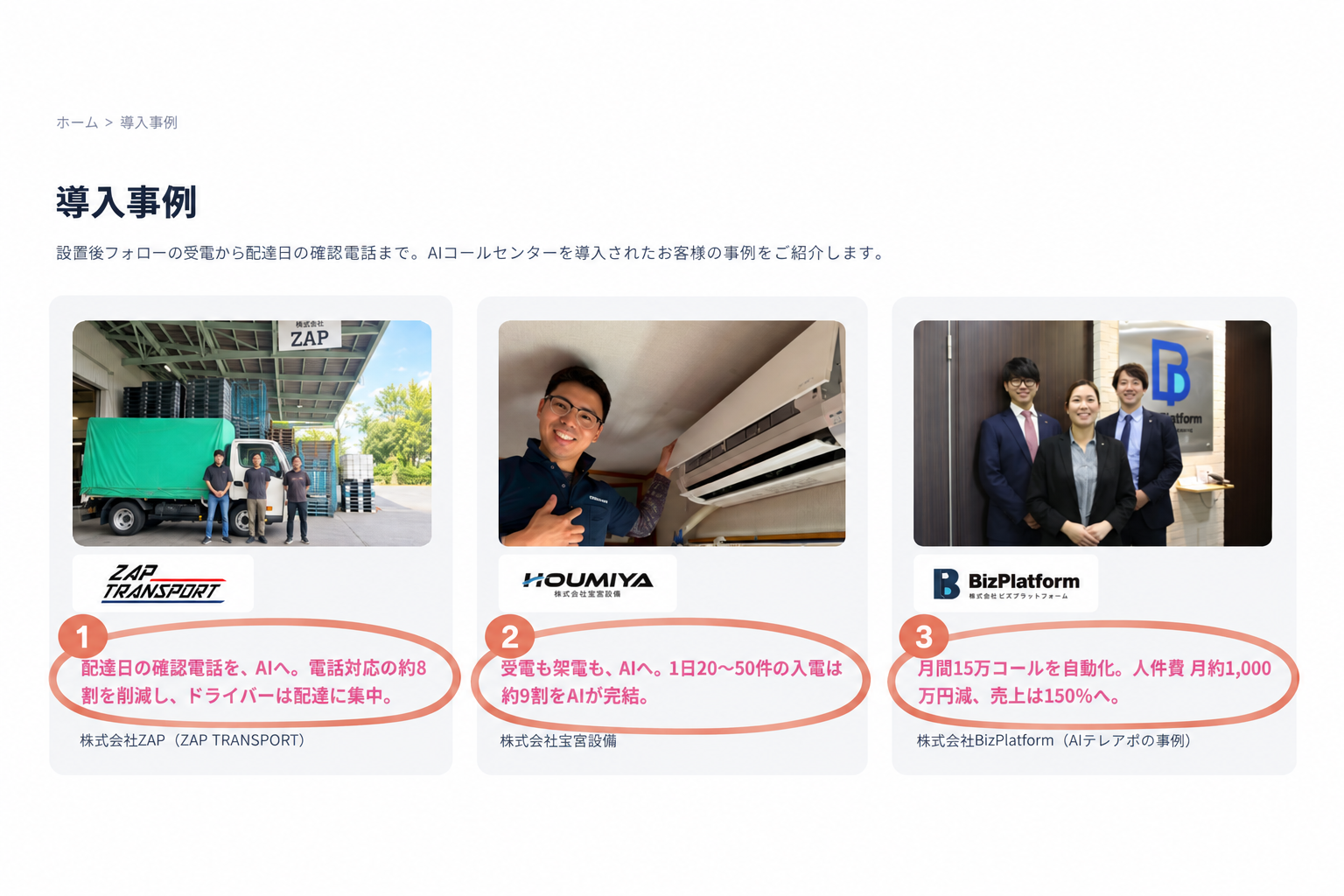 公式サイトの導入事例ページ。3社の数値に番号を付けた画面